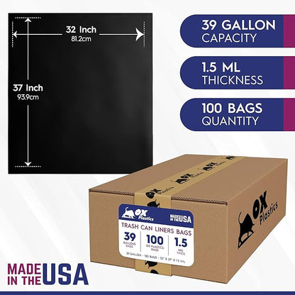 OX Plastics Black Trash Bags - Heavy Duty Garbage Bags, Extra Thick Unscented Large Trash Can Liners for Home, Outdoor, and Commercial Use - 39 Gallon, 100 Count