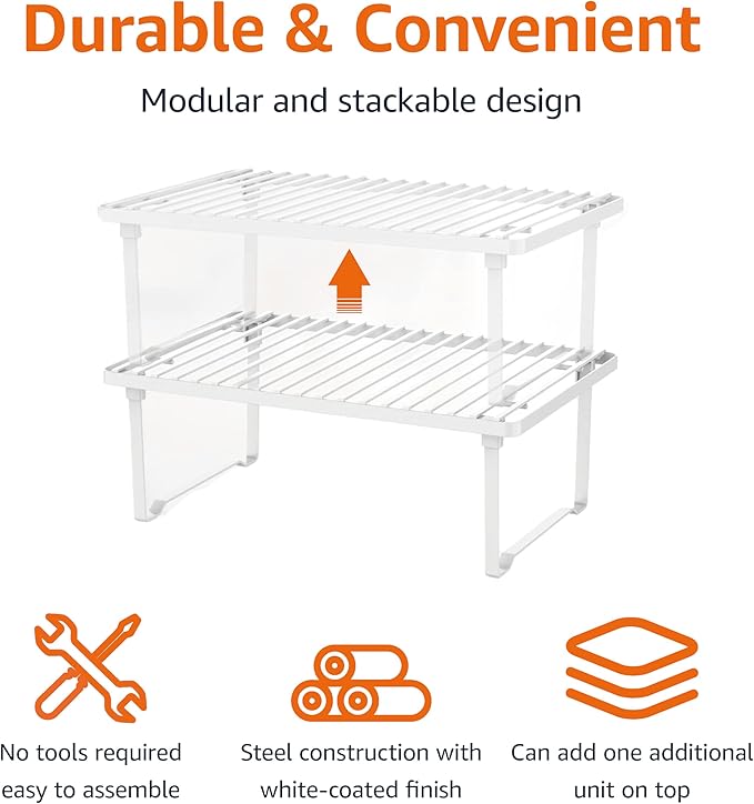Amazon Basics Stackable Metal Kitchen Storage Shelves for Dishes, 12.5" L x 8" D x 4.5" H, Set of 2, White