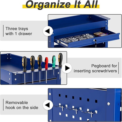 3-Tier Rolling Tool Cart with Drawers, Heavy Duty Utility Storage Cart with pegboard, Lockable Metal Tool Chest on Wheels for Garage, Warehouse & Repair Shop