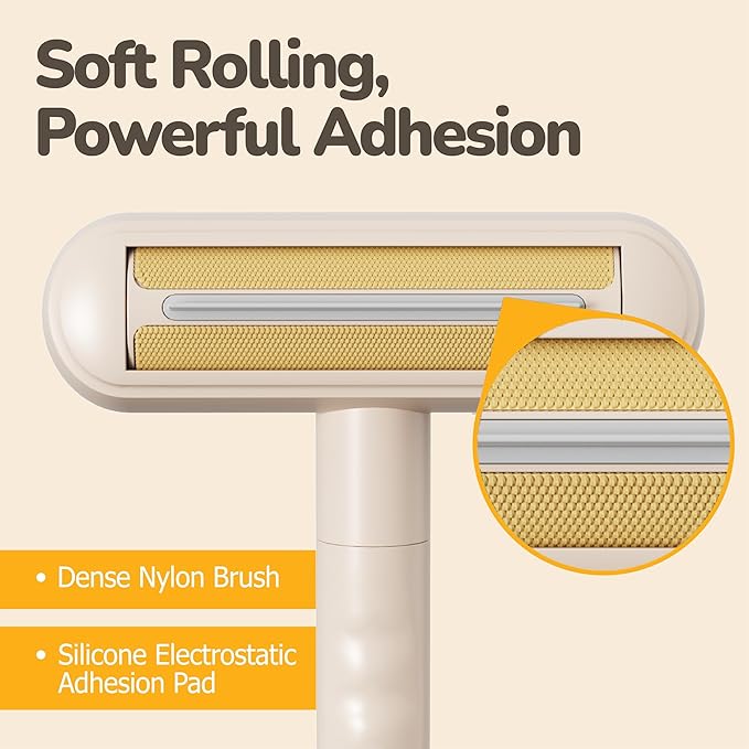Reusable Pet Hair Remover - Lint Roller for Dog & Cat Fur - for Furniture, Carpet, Clothing - Detachable Handle (Apricot (Light Beige))