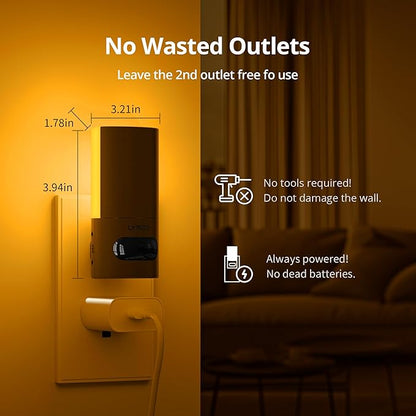Lyridz Plug-in LED Amber Night Light with Motion Sensor, Rotatable, Dimmable Backlit Nightlight, 1-150lm Adjustable Brightness for Bathroom, Bedroom, Hallway, Stairs, 2 Pack
