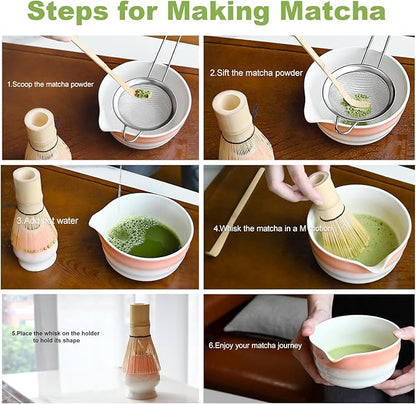 Pink Matcha Whisk Making Set - Japanese Tea Kit with Whisk Bowl and Bamboo Scoop Ceramic Chawan with Spout for Traditional Tea Ceremony Complete Matcha Making Tools Gift for Tea Lovers (Pink, 5 PCS)