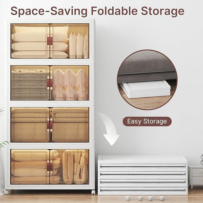 Extra Large Stackable Storage Bins with Lids & Wheels & Door, 660QT-165QT/41GAL*4Pack Foldable Collapsible Closet Organizers, Plastic Containers Drawers for Bedroom Dorm Garage