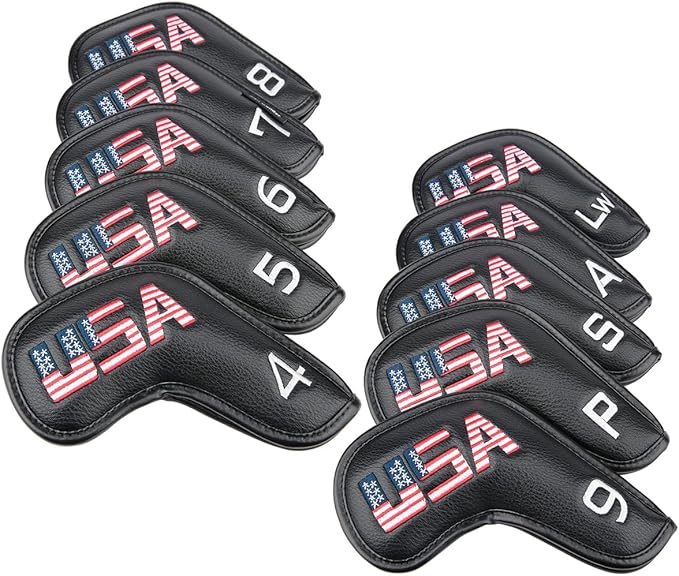 Golf Builder Black Leather USA Golf Club Iron Wedge Head Covers Fit All Brands