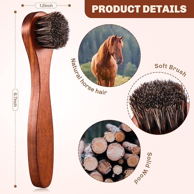 4 Pcs Horsehair Shine Shoes Brush Kit Polish Dauber Applicators Cleaning Leather Shoes Boots Care Brushes Suede Cleaner Brush with Microfiber Shoe Cloth(Brown Handle A)