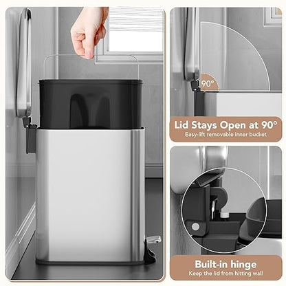 Small Trash Can with Lid Soft-Close, 6 L/1.6 Gal Bathroom Garbage Can with Removable Inner Bucket, Step Pedal, Stainless Steel Wastebasket for Kitchen, Bathroom, Bedroom, Office, Silver