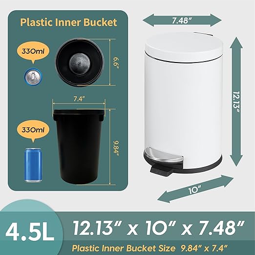 SunnyPoint 4.5 Liter(1.2 Gallon) Small Round Trash Can with Plastic Inner Bucket; Bathroom, Office, Kitchen and Bedroom Step On and Slow Close (WHT)