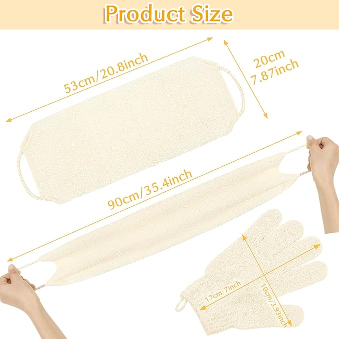 Anezus Exfoliating Back Scrubber Bath Gloves Set, Exfoliating Shower Towel with Shower Gloves for Body Scrub, Back Cleaner Wash Gloves to Remove Dead Skin (Beige)
