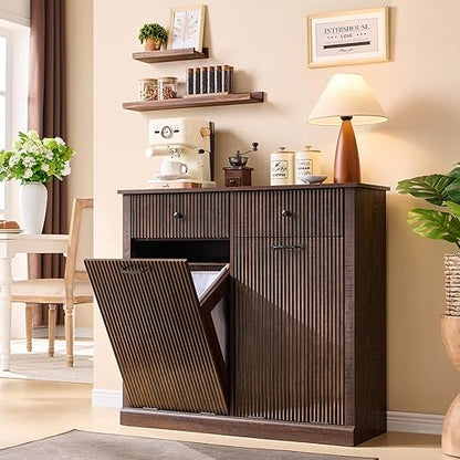 Modern Double Tilt-Out Trash Cabinet, 20 Gallon Fluted Laundry Hamper Cabinet with 2 Drawers, Wooden Hidden Garbage Can Cabinet w/Storage Basket,Free Standing for Kitchen & Living Room, Brown