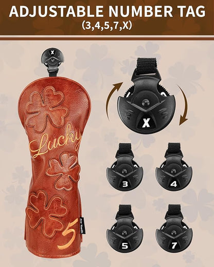 Golf Headcovers Golf Club Head Covers Four Leaf Clover Good Luck Charm - Clover Style Premium Leather Driver Fairway(FW) Wood Hybrid(UT) with Number Tags
