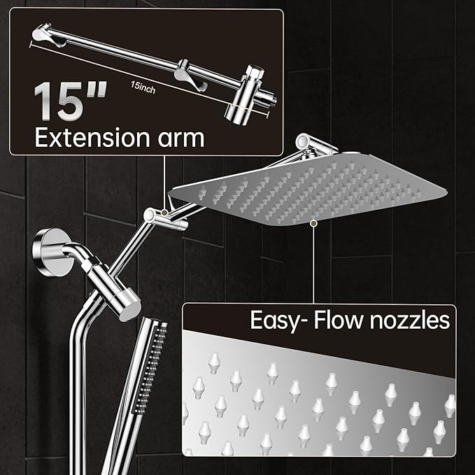 Veken 10" Luxurious All Metal Rain Shower Head with Handheld, High Pressure Rainfall Shower Heads wih Extension Arm, Wide Dual Showerhead with Spray Combo, Bathroom Accessories, Chrome, Silver