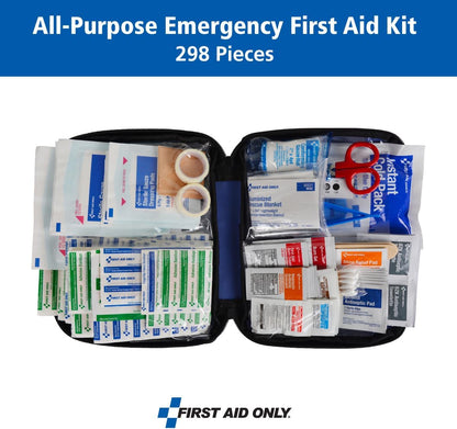 First Aid Only 299 Piece All-Purpose Emergency First Aid Kit for Home, Office, Car, Apartment, Dorm, and Camping, Travel-Friendly Compact Pouch Fits in Backpacks, Suitcases, Cabinets, and Drawers