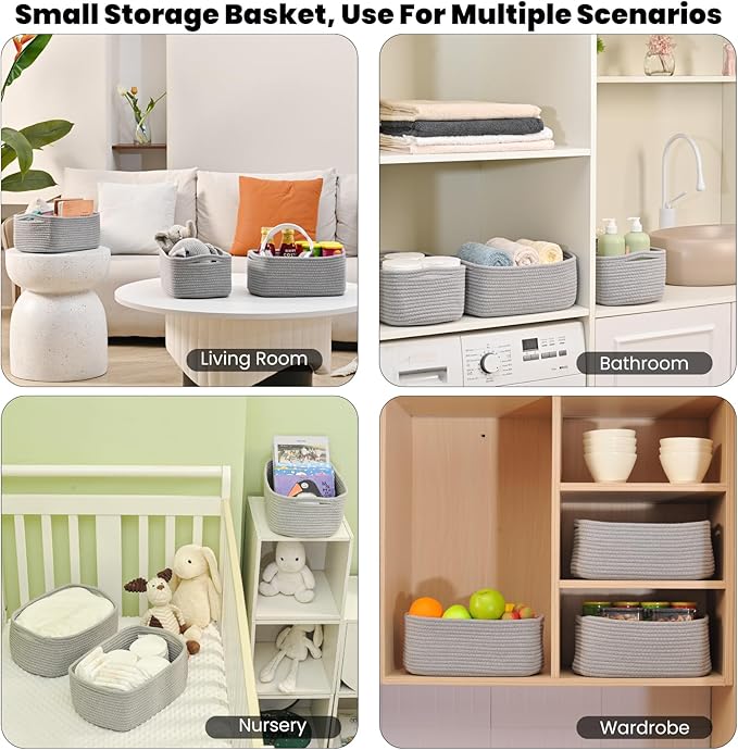 Small Grey Baskets for Organizing, Gray Storage Basket for Shelves, Woven Baskets for Storage, Small Organizer Basket for Décor Gifts, 13"×8.5"×5.1" (3 Packs) Grey