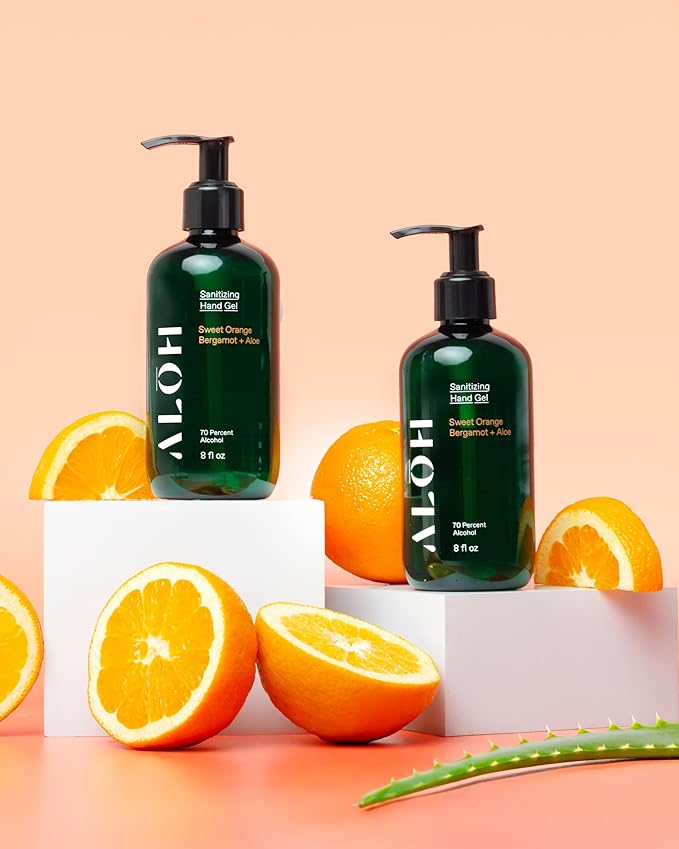 ALŌH Sanitizing Hand Gel 2-pack | Sweet Orange Bergamot + Aloe | 70% Alcohol Hydrating Hand Sanitizer Gel with Essential Oil, for Kids & Adults | 8oz Bottle (Set of 2)