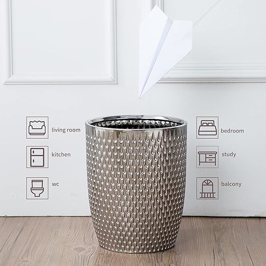 Modern Round Silver Small Trash Can Wastebasket, Garbage Container Bin for Bathrooms, Powder Rooms, Kitchens, Home Offices - Durable Ceramics - Round
