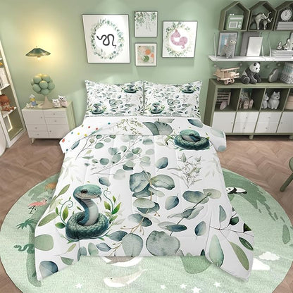 Erosebridal Cute Snake Toddler Bedding Sets for Kids Child Green Eucalyptus Comforter Set, Wild Animal Bedding Comforter Sets Botanical Plant Leaves Duvet Insert, Cartoon Wildlife Down Comforter