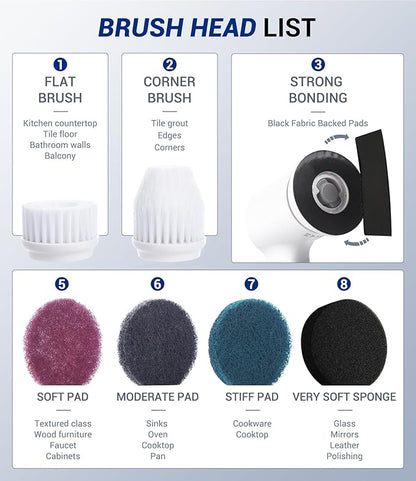 AIRSEE Cordless Electric Spin Scrubber, Handheld Power Shower Cleaner Brush, 2 speeds, 6 Replaceable Brush Heads for Cleaning Floor, Window, Bathroom, Kitchen, for Elderly & Busy Family