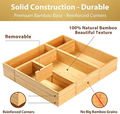 Umilife Drawer Organizer Storage Boxes, 2.5" High Bamboo Drawer Dividers, 5 Rearrangeable Bins for Kitchen, Office Desktop, Clothing, Makeup, vanity, Jewelry