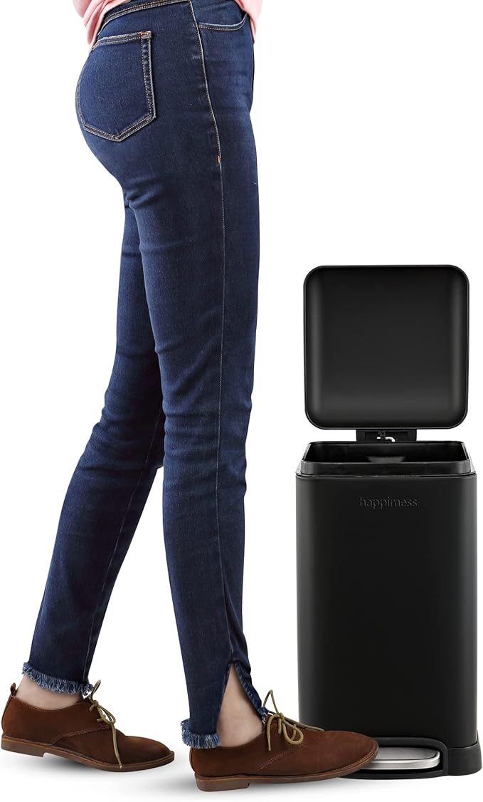 happimess HPM1012B Betty Retro Mini 3.2-Gallon Step-Open Trash Can with Soft-Close Lid, Modern, Minimalistic, Fingerprint Proof for Home, Kitchen, Laundry Room, Office, Bedroom, Bathroom, Black