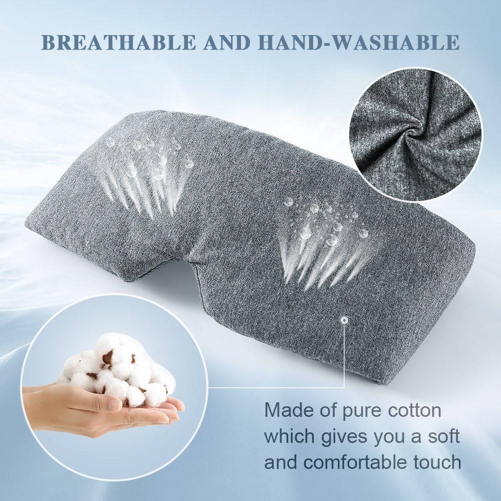 FRESHME Cotton Sleep Eye Mask for Women Men - 100% Blocking Light Travel Blindfold, Soft Zero Pressure Grey Eyes Cover with Adjustable Velcro Strap for Side Sleeper Night Sleeping, Work Nap and Yoga