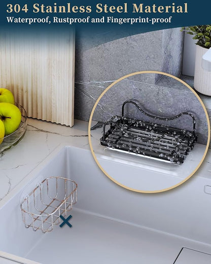 Consumest Sponge Holder for Kitchen Sink - Movable Sink Caddy for Countertop Organizer, 304 Stainless Steel Sponge Holder with Detachable Drip Tray for Kitchen Accessories-Black