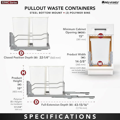 Rev-A-Shelf Double Pullout Trash Cans for Under Kitchen Cabinets 35 Quart 8.75 Gallon with Soft-Close Slides, Metallic Silver, 53WC-1835SCDM-217