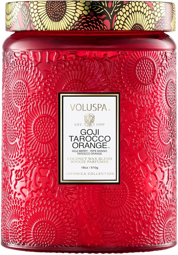 Voluspa Goji Tarocco Orange, Large Candle Jar, 18 oz, 100 Hour Burn Time, All Natural Wicks and Coconut Wax for Clean Burning, Vegan, Poured in the USA