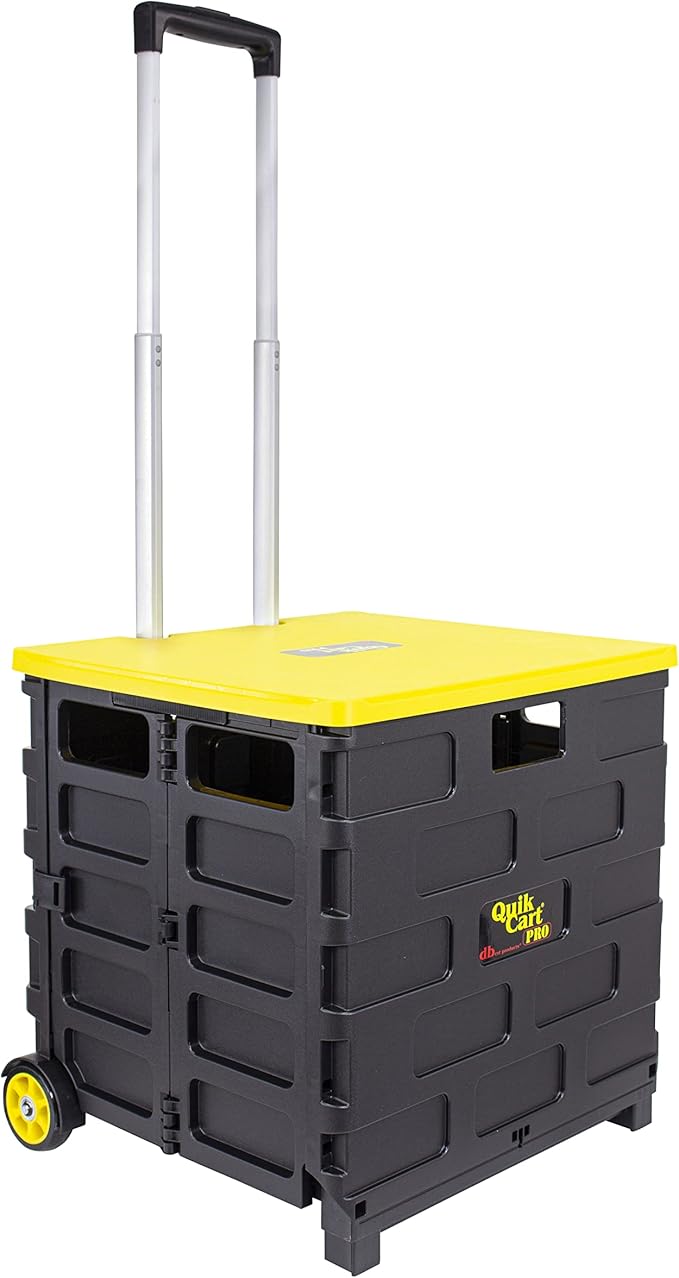 dbest products Quik Cart Pro Wheeled Rolling Crate Teacher Utility with seat Heavy Duty Collapsible Basket with Handle, Yellow