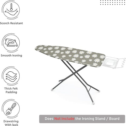 Encasa XO Ironing Board Cover and Pad 42"x14" - Thick 3mm Felt Padding, Drawstring Tightening & Lock, Easy Fit, Scorch & Stain Resistant, Fits Medium Ironing Board - Daisy Grey