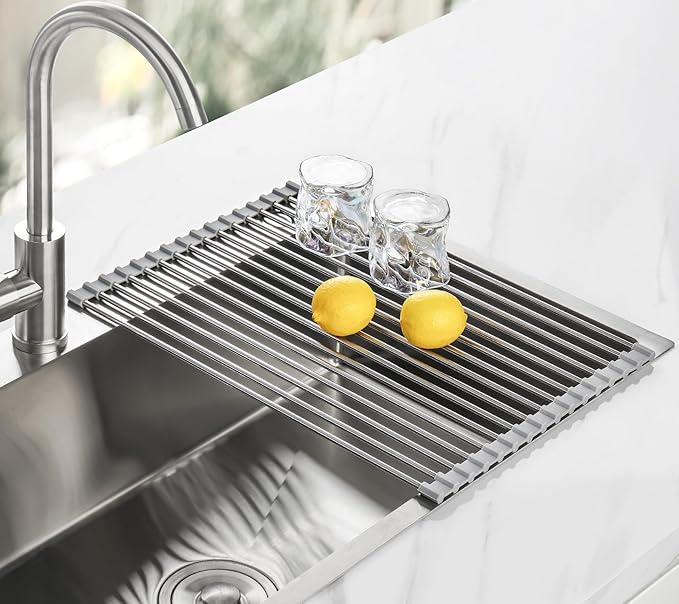 Tomorotec 17.7" x 12.5" Roll Up Dish Drying Rack Over Sink Drying Rack Sink Cover Kitchen Sink Accessories Gadget Multipurpose Organizer Foldable Stainless Steel Drainer