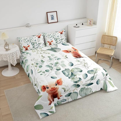 Erosebridal Kawaii Pig Queen Comforter Set for Boys Girls Cartoon Animal Bedding Set Queen, Eucalyptus Leaves Bedding Comforter Sets Farm Wildlife Duvet Set, Tropical Plants Quilted Comforter