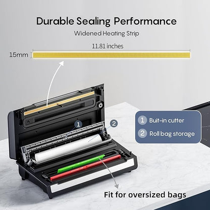 Fully Automatic Vacuum Sealer, 95Kpa Powerful Food Vacuum Sealer Machine, Auto Dry-Wet Detection | Bag Cutter | 2 Rolls Bags & 100 Pcs Precut Bags | Effortless Operation, Silver - Black