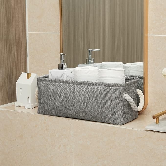 Temary Small Storage Baskets for Organizing, Narrow Baskets for Storage Toilet Paper Rolls, Fabric Baskets with Handles for Closets, Cabinets, Shelves (Grey, 15Lx6Wx5.5H Inches)