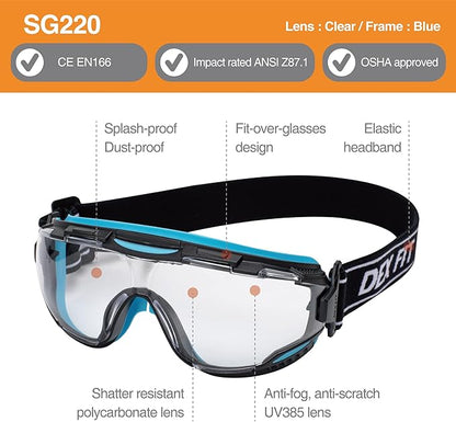 DEX FIT Protective Safety Goggles SG220; Anti Fog & Scratch, Z87 Eye Protection for Lab, Science, and Chemistry Work, Adjustable for Women and Men, (Black & Blue Frame, Clear Lens, 30cm Strap)
