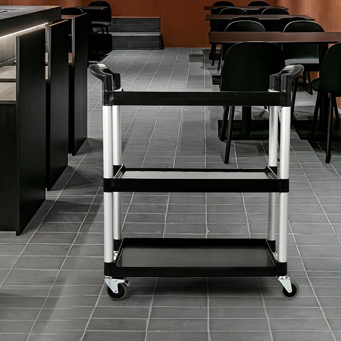 3-Tier Utility Rolling Cart with Wheels, Durable Catering carts with Wheels, Rolling Storage Cart for Hotel Canteen Resturant Office (Black, 34.4" D x 16.5" W x 37.7" H)