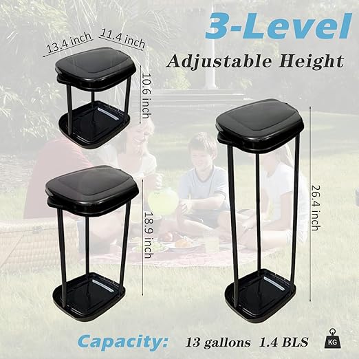 Collapsible Trash Bag Holder Portable Garbage Bin Holder Stand for Kitchen Outside 13 Gallon Plastic Outdoor Trash Can with Lid for Parties and Camping, Black