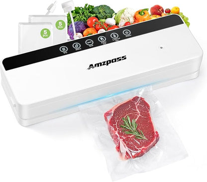 Vacuum Sealer for Food, 6-in-1 Food Vacuum Sealer Machine, 80kpa Suction Power Food Sealer Vacuum Sealer, Compact Vacuum Sealers with 10 Vacuum Bags, External VAC for Jars & Containers, White