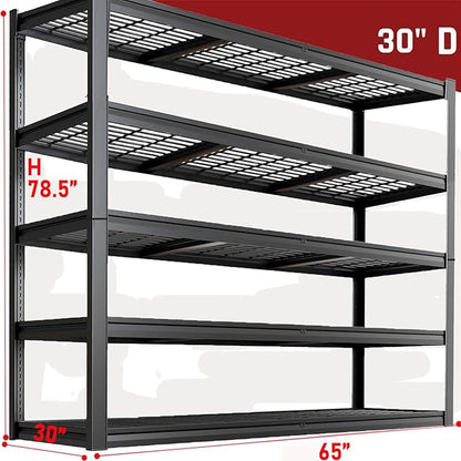 65" W Garage Shelving Heavy Duty, 5 Tier Garage Shelves, 30" D Adjustable Storage Shelving Unit, Commercial Metal Shelf for Warehouse, Pantry, School, Shop, 68" Wx30 Dx79 H, 2 Pack