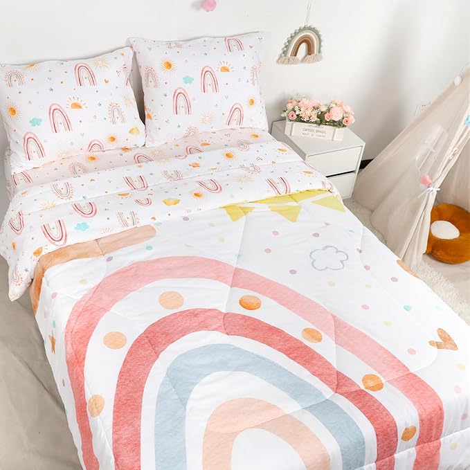 Twin Size Toddler Bedding Set for Girls- 5 Piece Rainbow Toddler Girl Bedding, Super Soft & Lightweight Toddler Comforter Set Includes Comforter, Flat Sheet, Fitted Sheet, Pillowcase (Pink)