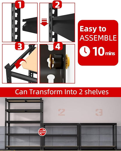 PrimeZone 35.5" x 12" x 72" Heavy Duty Storage Shelves - 5 Tier Adjustable Garage Storage Shelving, Metal Storage Utility Rack Shelf Unit for Warehouse Pantry Closet Kitchen, Black, 4 Pack