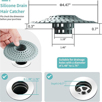 Shower Hair Drain Catcher, Silicone Bathtub Drain Hair Catcher Strainer, All-in-one Tub Hair Catcher Drain Protector for 1.48'' to 1.76'' Regular Drains, 3PCS/Greyish Blue