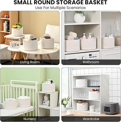 Small Storage Baskets for Organizing, Organizer Baskets for Shelves, Woven Basket for Storage, Cute Basket for Gifts Empty, Cotton Rope Baskets, 9.7"×9.7"×7" (3 Packs) Off White