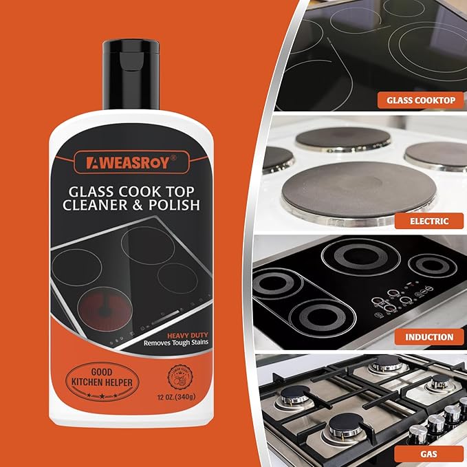 Glass Stove Top Cleaner Kit 12 oz, Cooktop Cleaner and Polish Non-Abrasive No Scratch Removes Tough Stains, with Scrubbing Pad, Handle, Scraper, Cloth