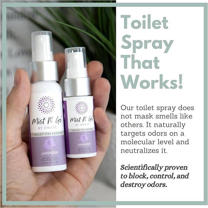 Mist N’ Go by Omaze Travel Bathroom Spray for Toilet Spray Odor Eliminator - Travel Toilet Spray for Bathroom Air Freshener Spray for Bathroom Deodorizer - Lavender Travel Size (1oz x5)