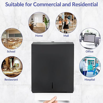 Paper Towel Dispenser Wall Mount, Matte Black Stainless Steel Commercial Paper Towel Holder with Lock, Large Capacity 400 C Fold/525 Multifold Towels