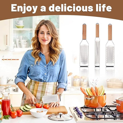 SHIKORI Professional Cheese Graters for Kitchen Stainless Steel Handheld, Metal Lemon Zester Grater With Wood Handle For Cheese, Chocolate, Spices, Kitchen Gadgets And Tools-3 Pcs