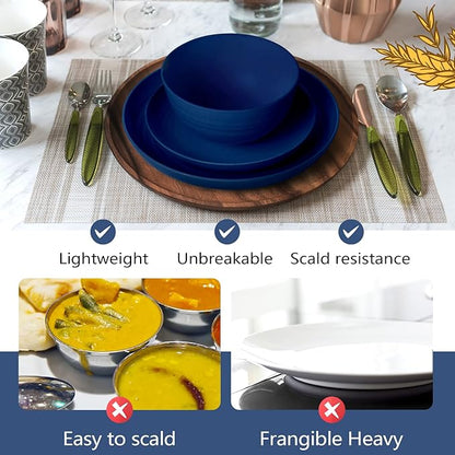 Teivio 32-Piece Kitchen Plastic Wheat Straw Dinnerware Set, Service for 8, Dinner Plates, Dessert Plate, Cereal Bowls, Cups, Unbreakable Colorful Plastic Outdoor Camping Dishes, Midnight Blue