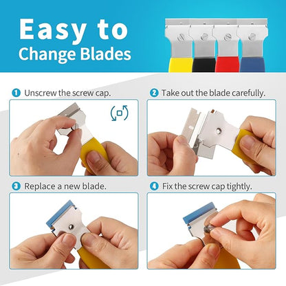 4 Pack Razor Blade Scraper, with 20 Metal & 20 Plastic Blades, Multi-Purpose Cleaning Remover Tool for Glass Caulk, Adhesive, Wall, Stovetop, Paint, Window, Sticker, Tile, Label Decals