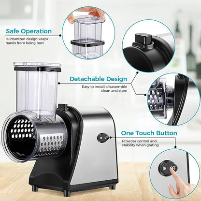 Electric Cheese Grater, 250W Electric Slicer Shredder, One-Touch Control Electric Salad Machine for Cheese, Fruits, Vegetables, Salad Maker with 5 Different Shapes of Blades, 2025 Upgrade