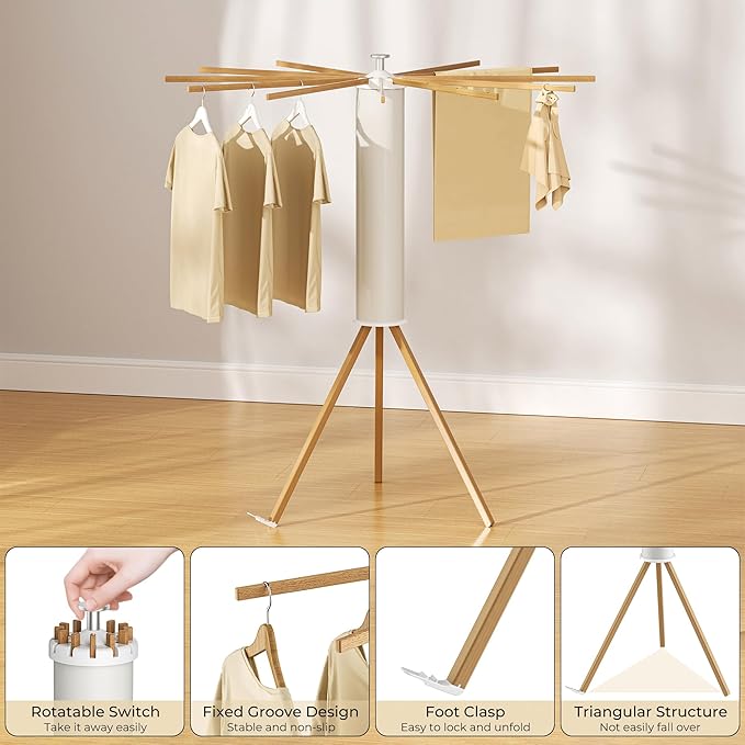 Tripod Clothes Drying Rack, Garment Rack Portable and Foldable Space Saving Laundry Drying Rack - Dryer Rack Clothing Floor Folding Balcony Bedroom Household (Beige(Wood), 12 rods)